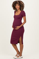 Wine Square Neck Side Slit Maternity Midi Dress