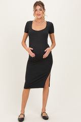 Charcoal Square Neck Side Slit Maternity Midi Dress