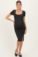 Charcoal Square Neck Side Slit Maternity Midi Dress
