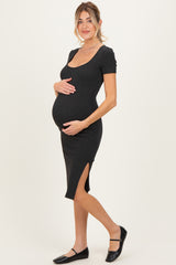 Charcoal Square Neck Side Slit Maternity Midi Dress