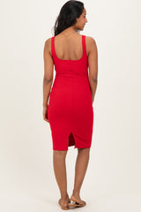 Red Ribbed Square Neck Maternity Tank Dress
