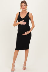 Black Ribbed Knit V-Neck Maternity Tank Dress
