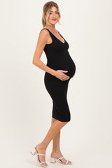 Black Ribbed Knit V-Neck Maternity Tank Dress