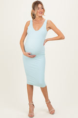 Light Blue Ribbed Knit V-Neck Maternity Tank Dress