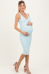 Light Blue Ribbed Knit V-Neck Maternity Tank Dress