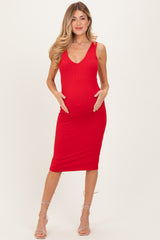 Red Ribbed Knit V-Neck Maternity Tank Dress