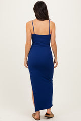 Light Navy Button Detail Sleeveless High Slit Maxi Dress