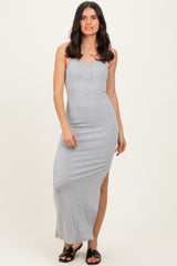 Heather Grey Button Detail Sleeveless High Slit Maxi Dress