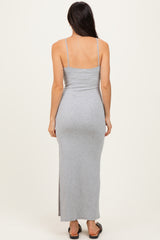 Heather Grey Button Detail Sleeveless High Slit Maxi Dress