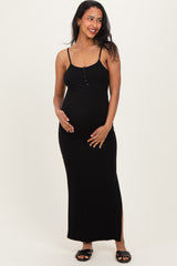 Black Button Detail Sleeveless High Slit Maternity Maxi Dress