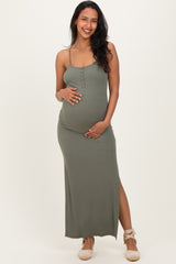 Olive Button Detail Sleeveless High Slit Maternity Maxi Dress