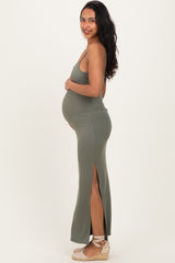 Olive Button Detail Sleeveless High Slit Maternity Maxi Dress