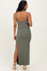 Olive Button Detail Sleeveless High Slit Maternity Maxi Dress