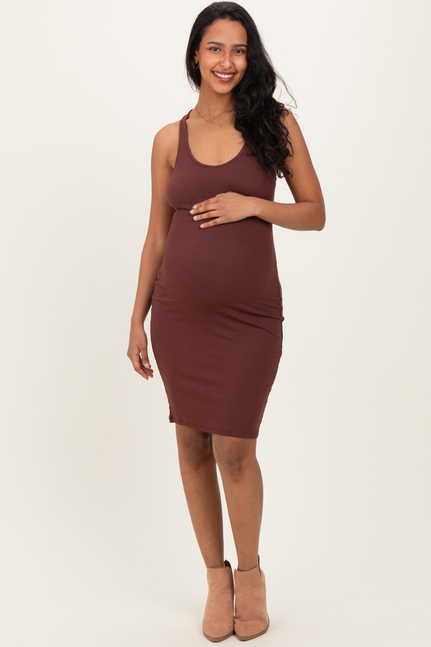 Brown Rib Knit Sleeveless Maternity Dress – PinkBlush