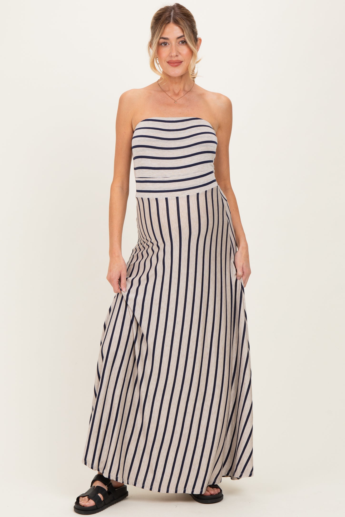 Oatmeal Striped Strapless Maternity Maxi Dress