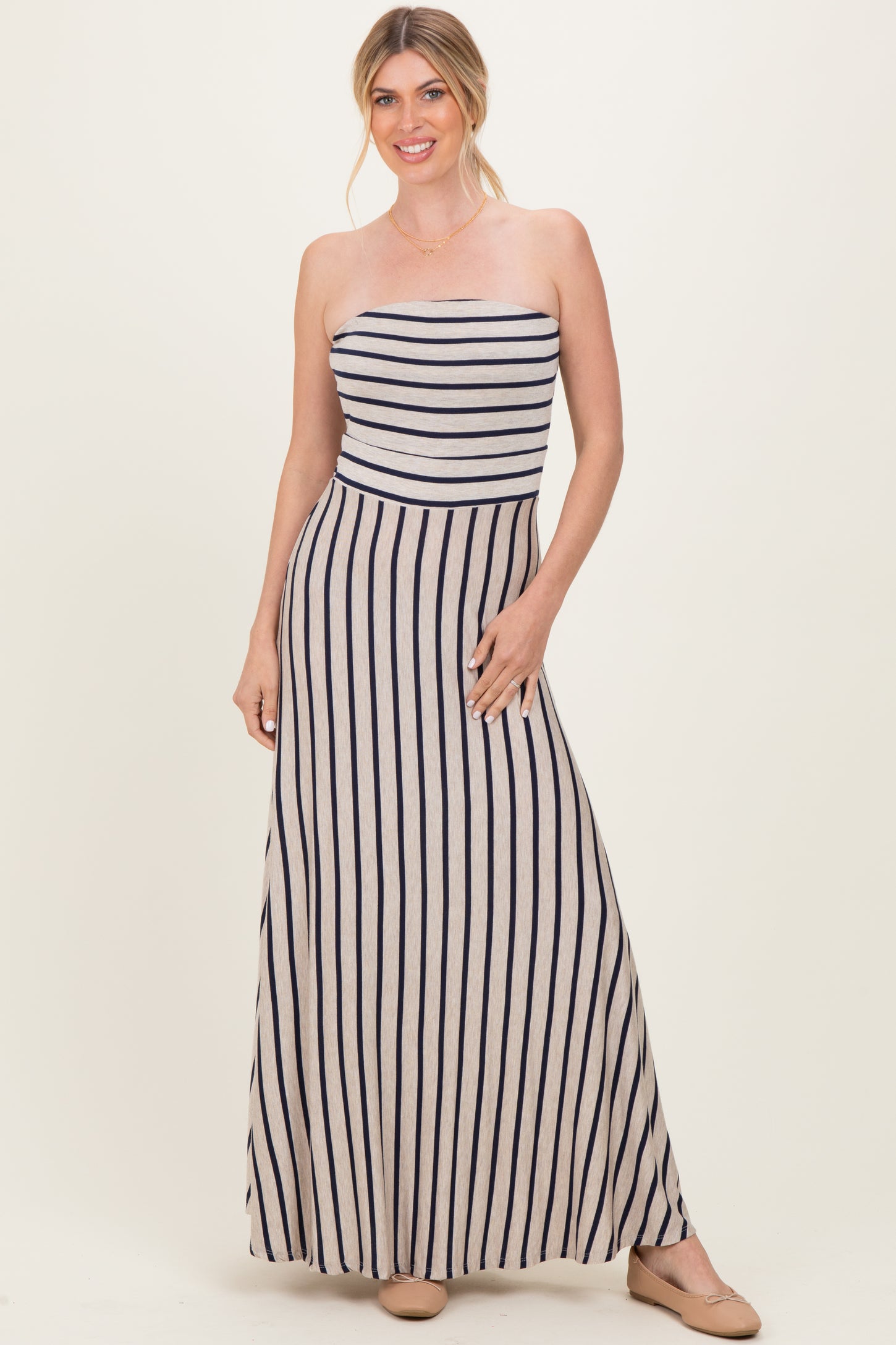 Oatmeal Striped Strapless Maternity Maxi Dress
