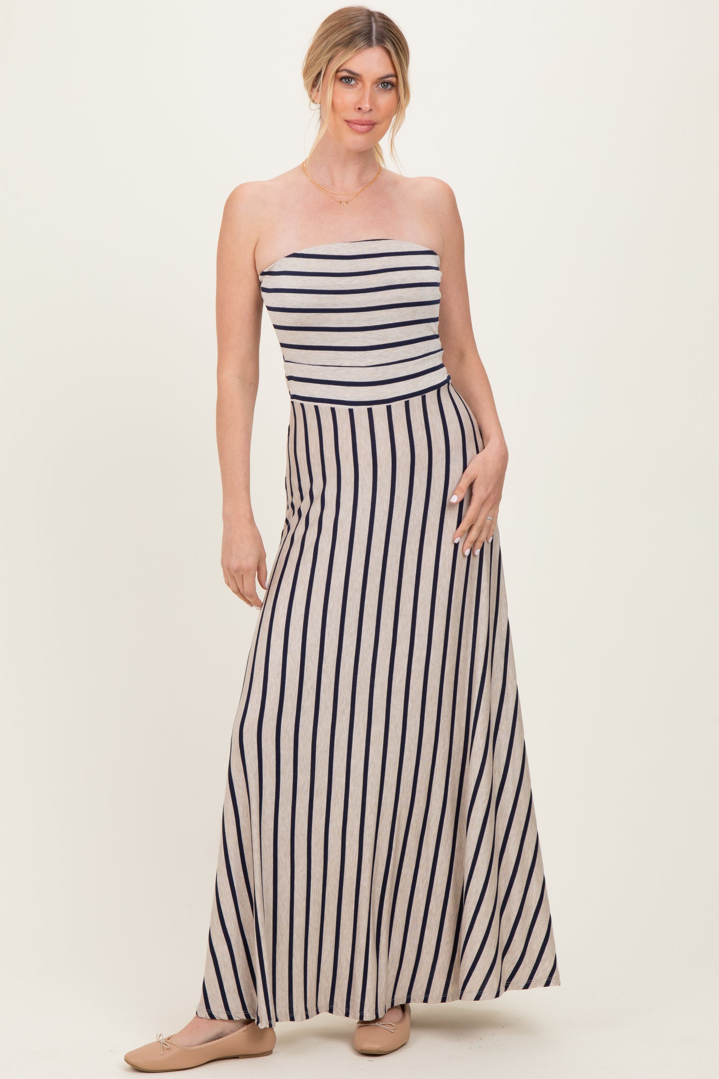 Oatmeal Striped Strapless Maxi Dress