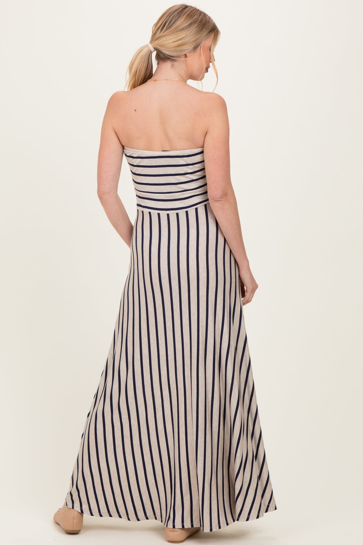 Oatmeal Striped Strapless Maxi Dress
