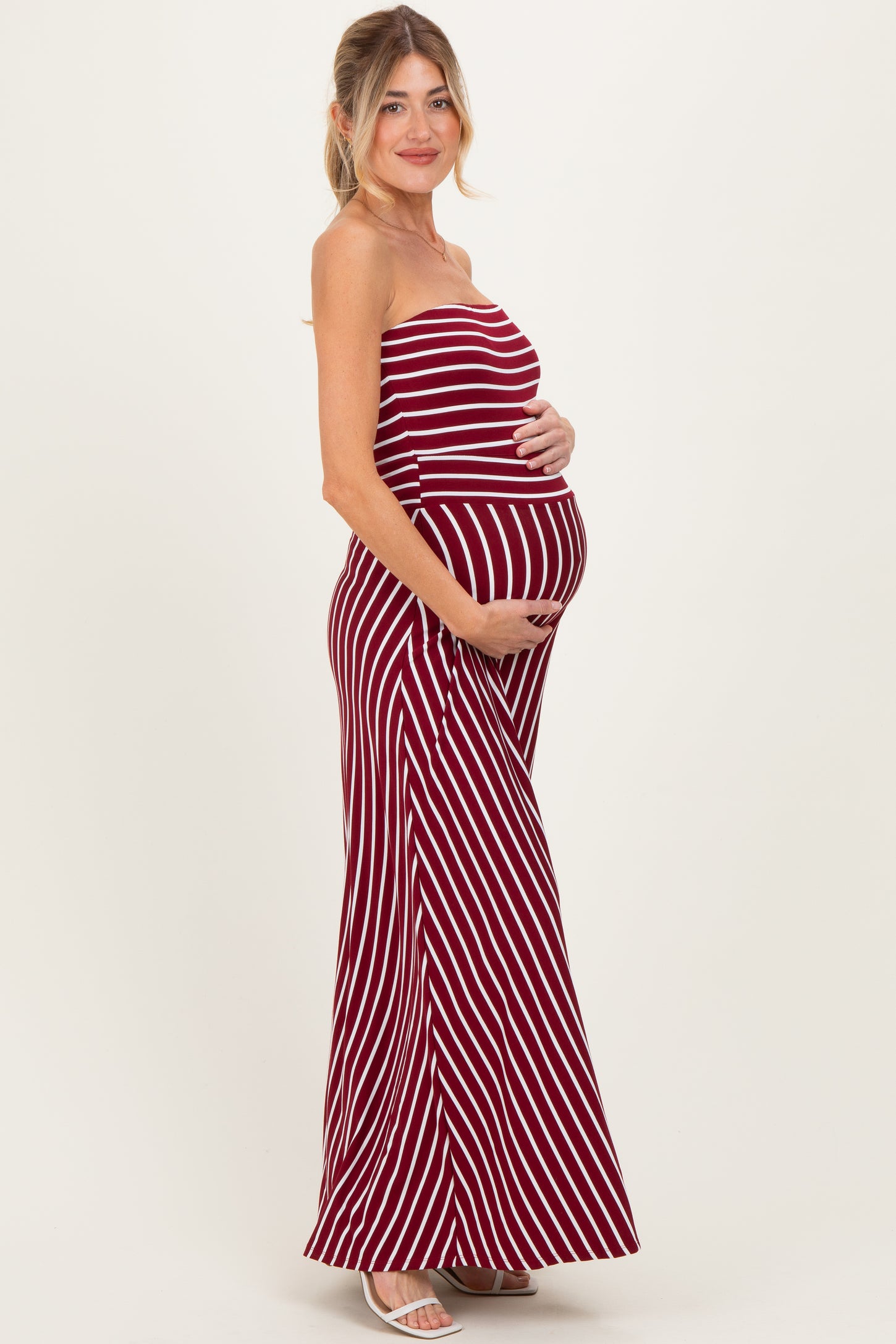 Wine Striped Strapless Maternity Maxi Dress