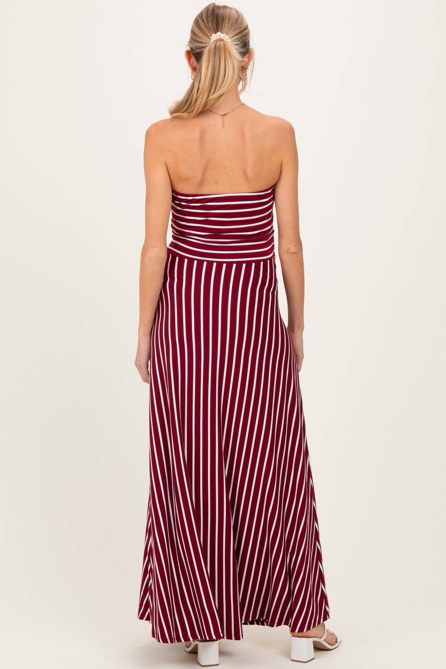 Wine Striped Strapless Maternity Maxi Dress