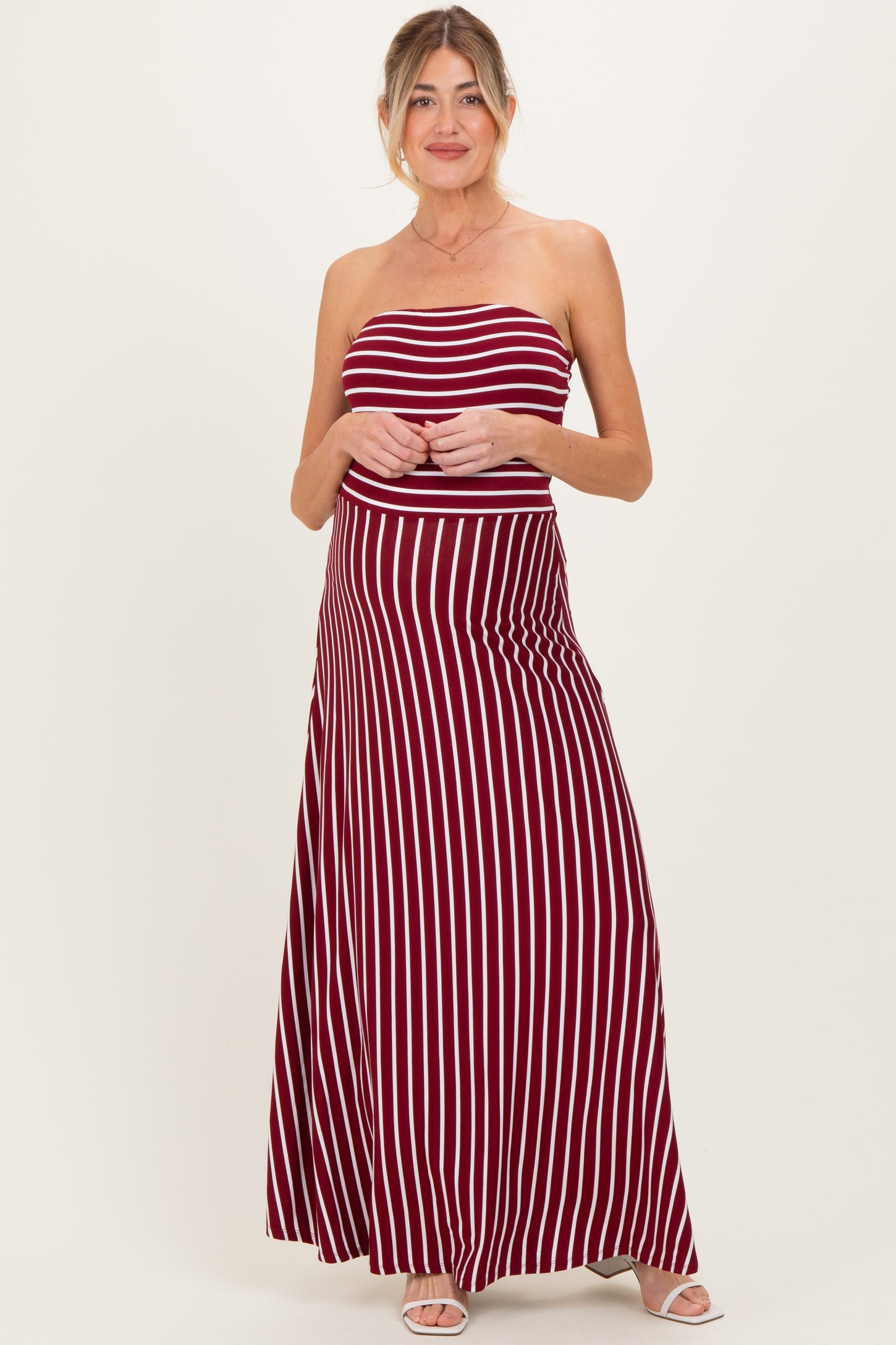 Wine Striped Strapless Maternity Maxi Dress