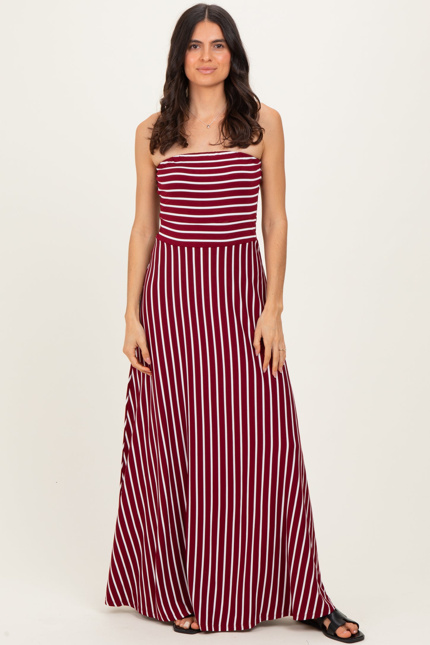 Wine Striped Strapless Maternity Maxi Dress