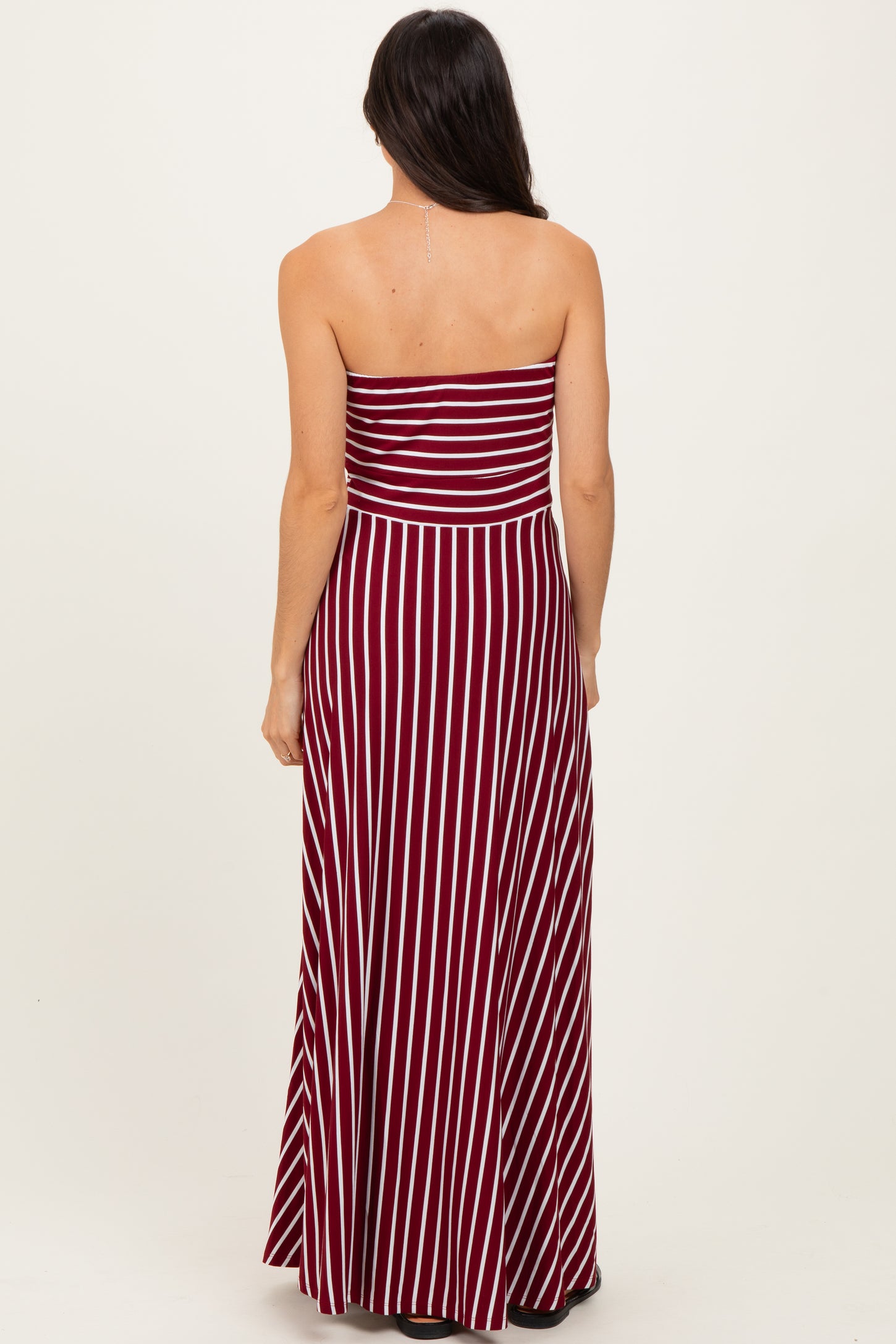 Wine Striped Strapless Maxi Dress