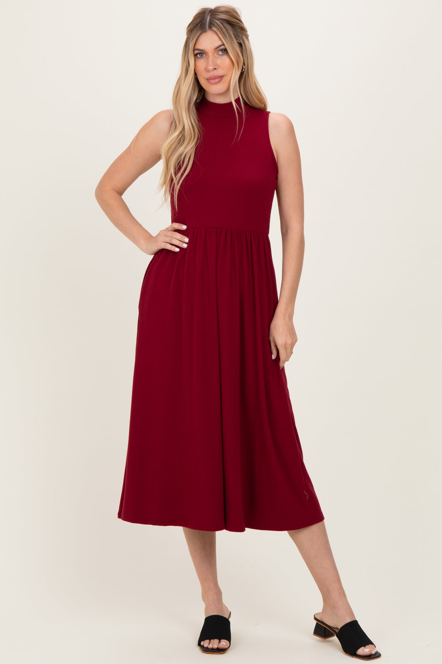 Wine Ribbed Mock Neck Sleeveless Midi Dress