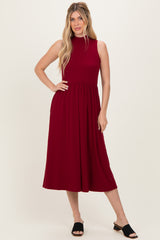 Wine Ribbed Mock Neck Sleeveless Midi Dress