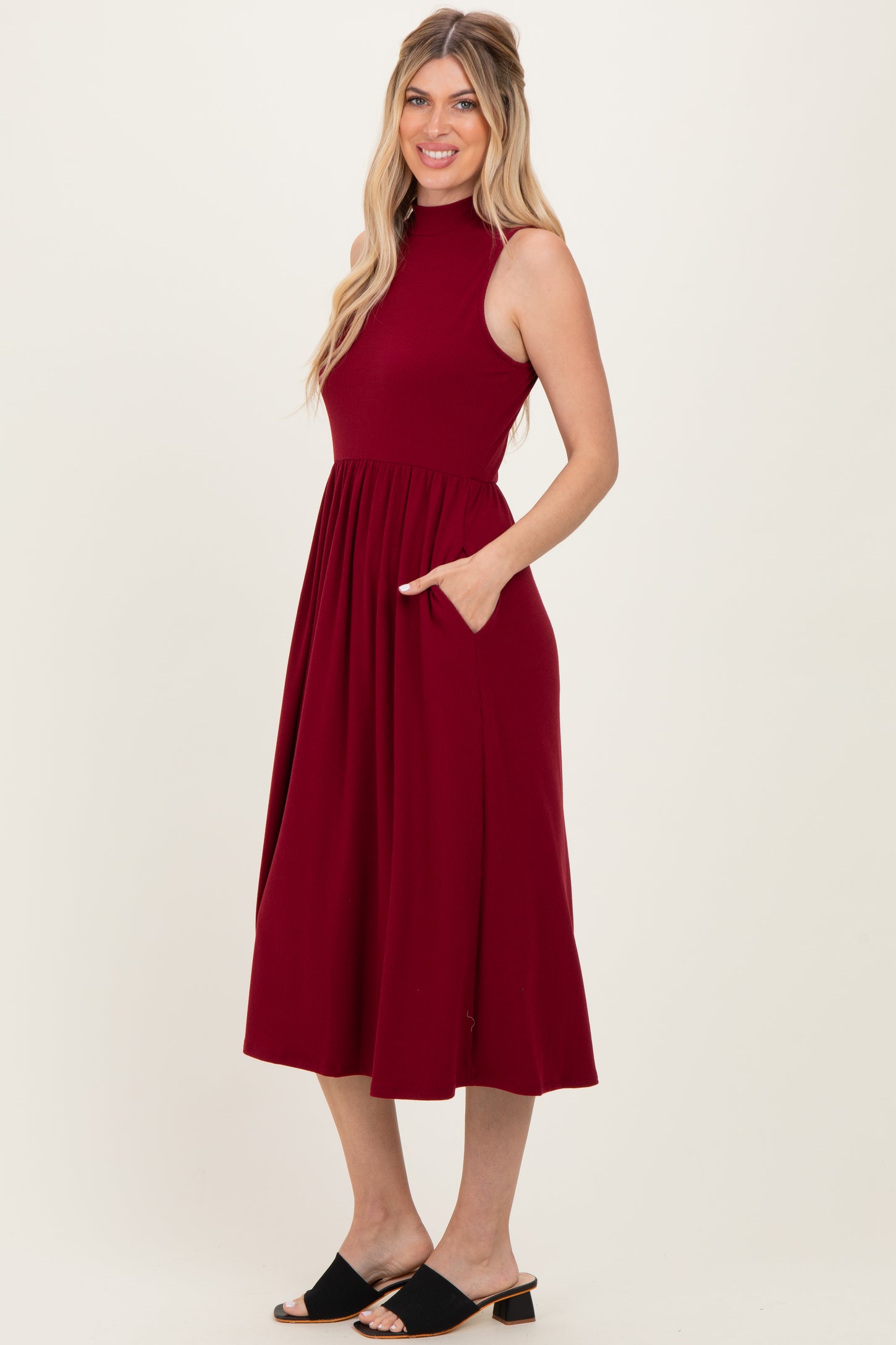 Wine Ribbed Mock Neck Sleeveless Midi Dress