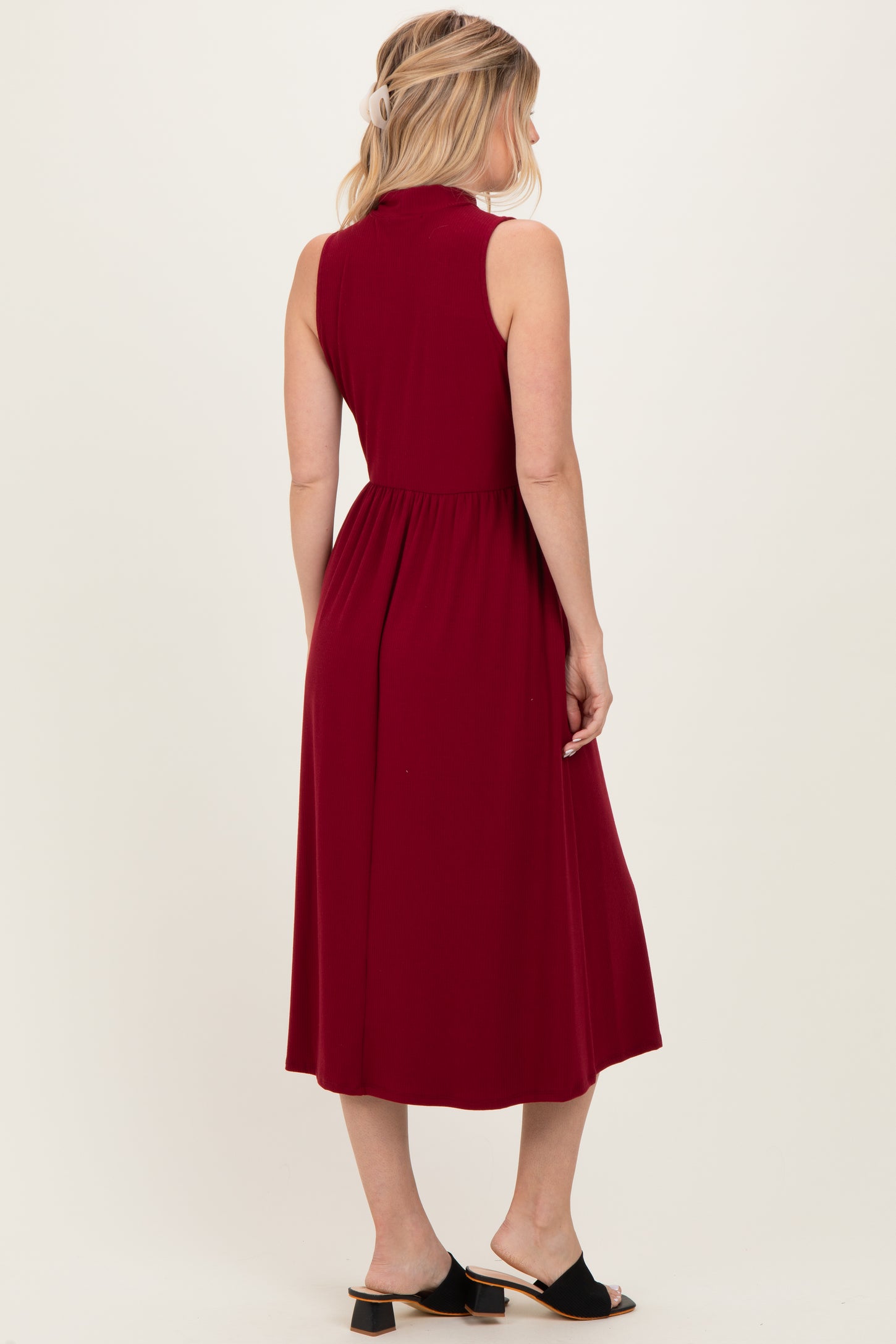 Wine Ribbed Mock Neck Sleeveless Midi Dress