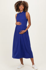 Royal Blue Ribbed Mock Neck Sleeveless Maternity Midi Dress