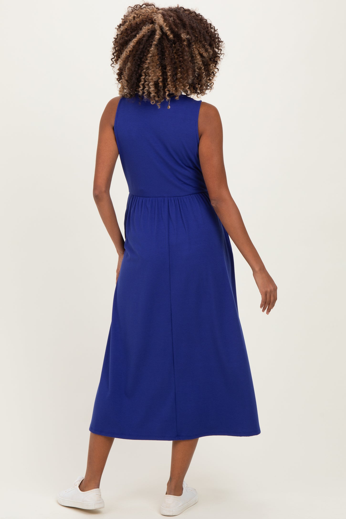 Royal Blue Ribbed Mock Neck Sleeveless Maternity Midi Dress