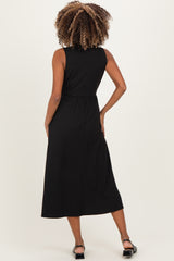 Black Ribbed Mock Neck Sleeveless Maternity Midi Dress