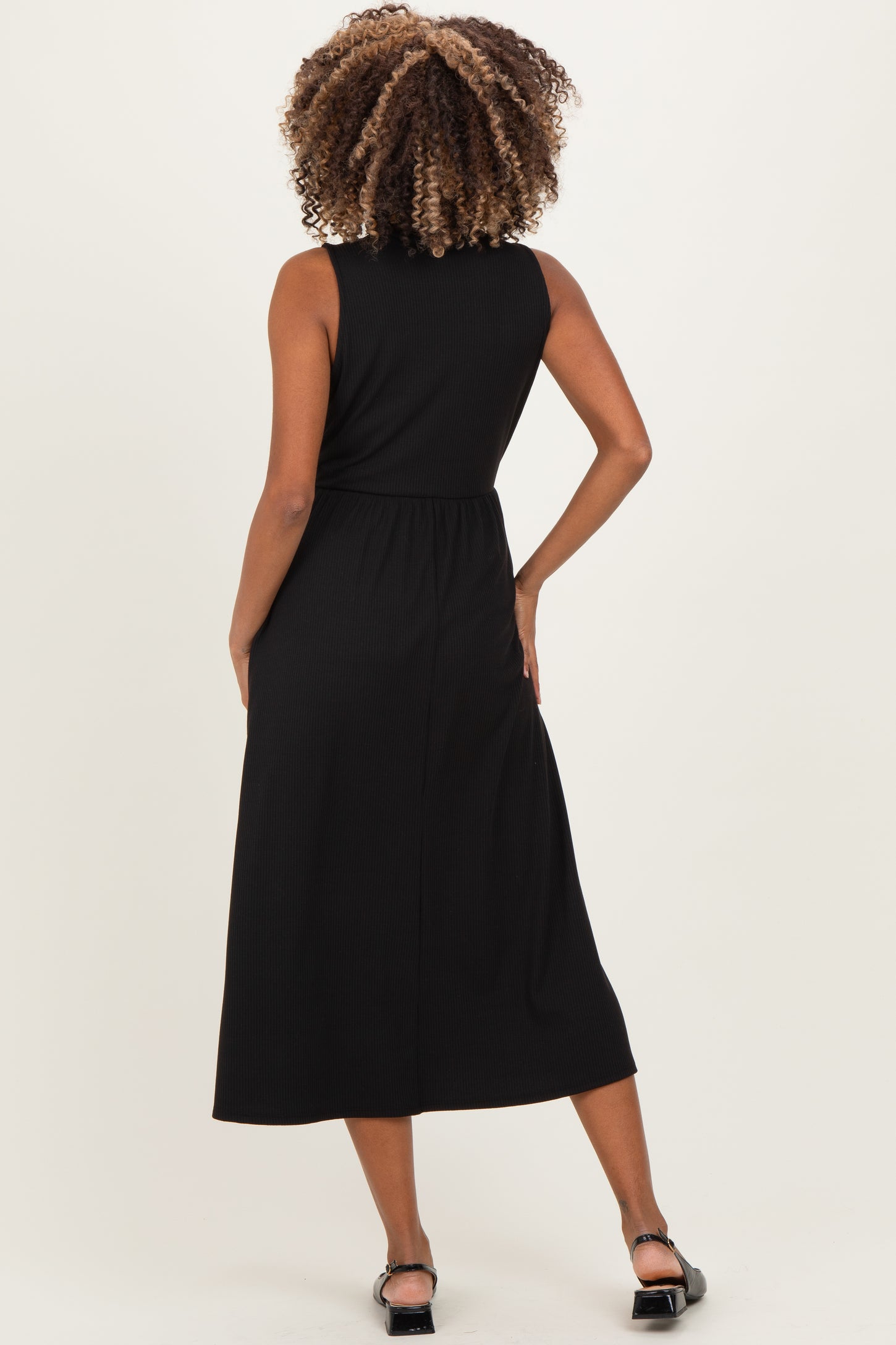 Black Ribbed Mock Neck Sleeveless Maternity Midi Dress
