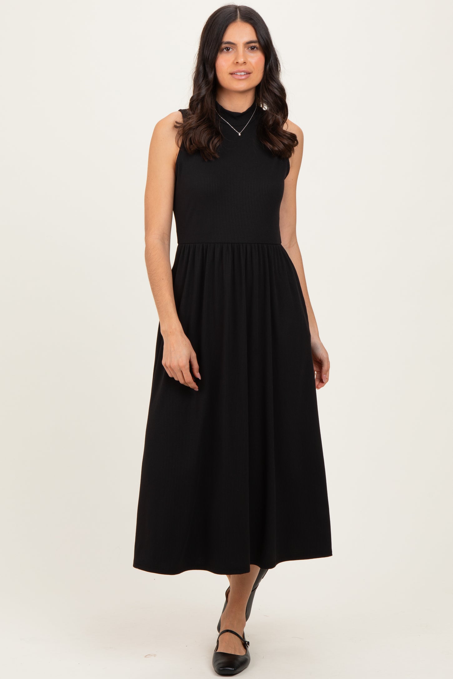 Black Ribbed Mock Neck Sleeveless Maternity Midi Dress