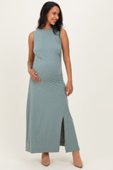 Sage Side Slit Ruched Sleeveless Maternity Midi Dress