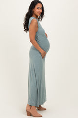 Sage Side Slit Ruched Sleeveless Maternity Midi Dress