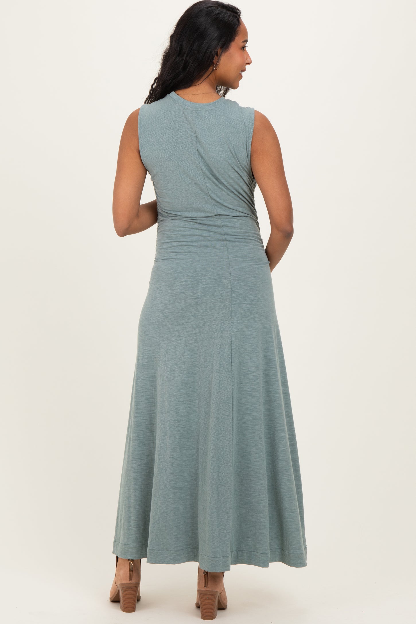 Sage Side Slit Ruched Sleeveless Maternity Midi Dress