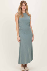 Sage Side Slit Ruched Sleeveless Maternity Midi Dress