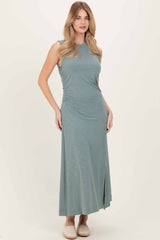 Sage Side Slit Ruched Sleeveless Midi Dress