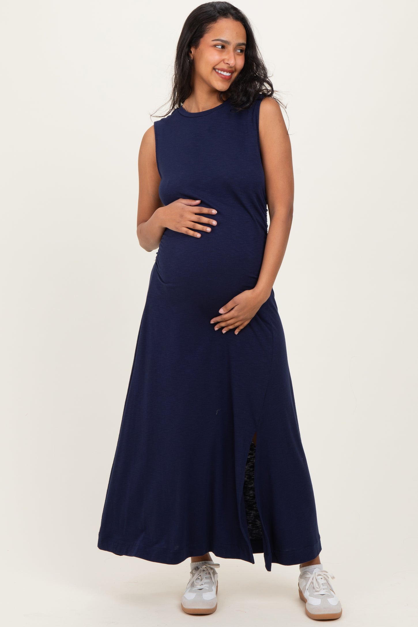 Navy Side Slit Ruched Sleeveless Maternity Midi Dress