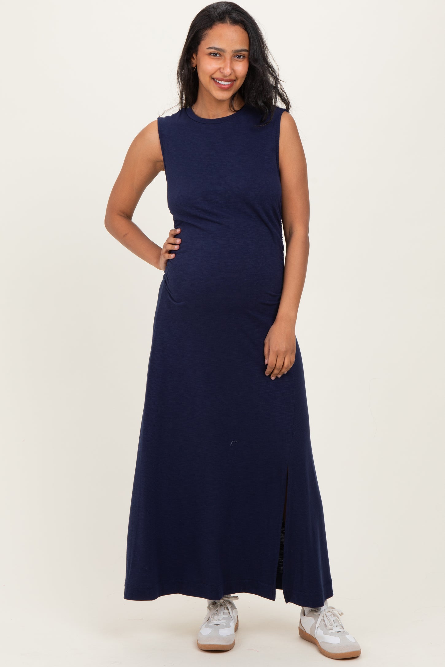 Navy Side Slit Ruched Sleeveless Maternity Midi Dress