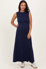 Navy Side Slit Ruched Sleeveless Maternity Midi Dress