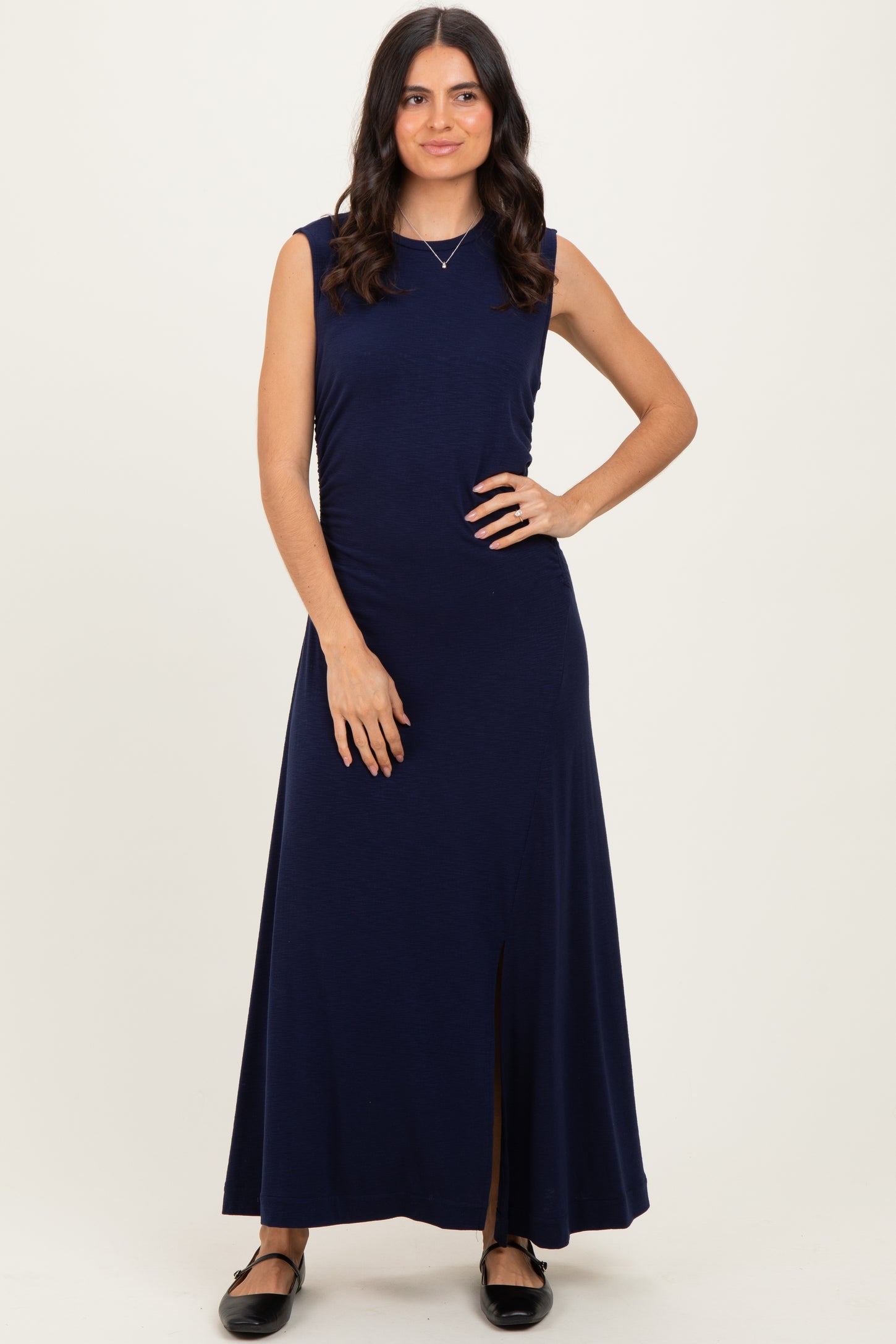 Navy Side Slit Ruched Sleeveless Midi Dress