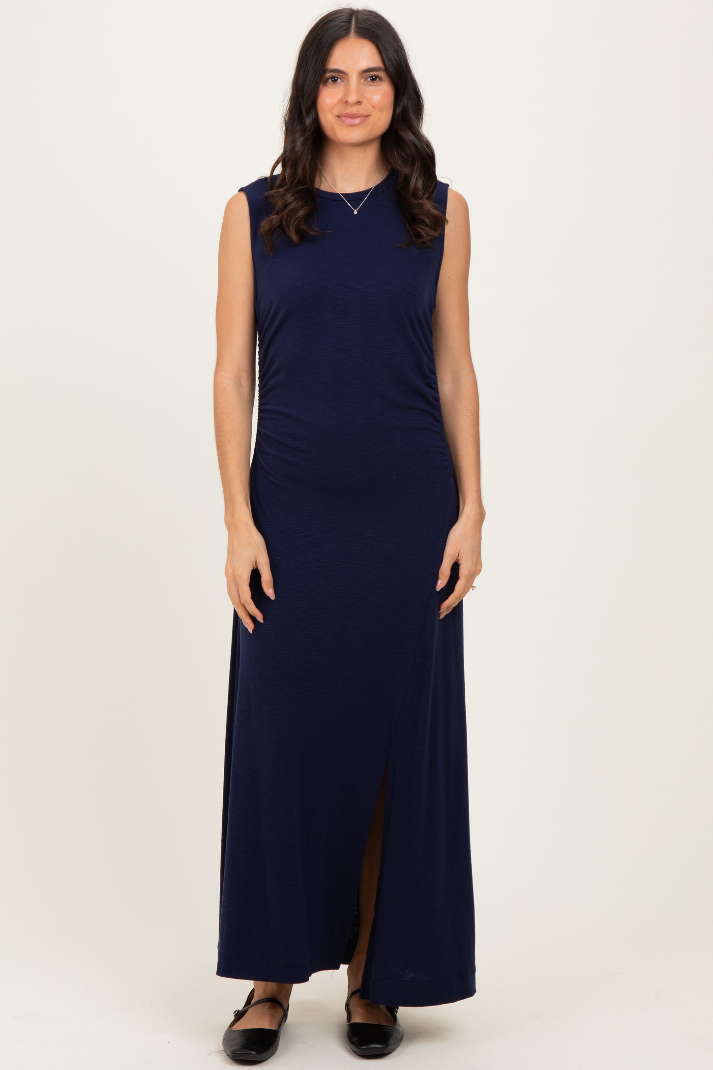 Navy Side Slit Ruched Sleeveless Midi Dress