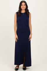 Navy Side Slit Ruched Sleeveless Midi Dress