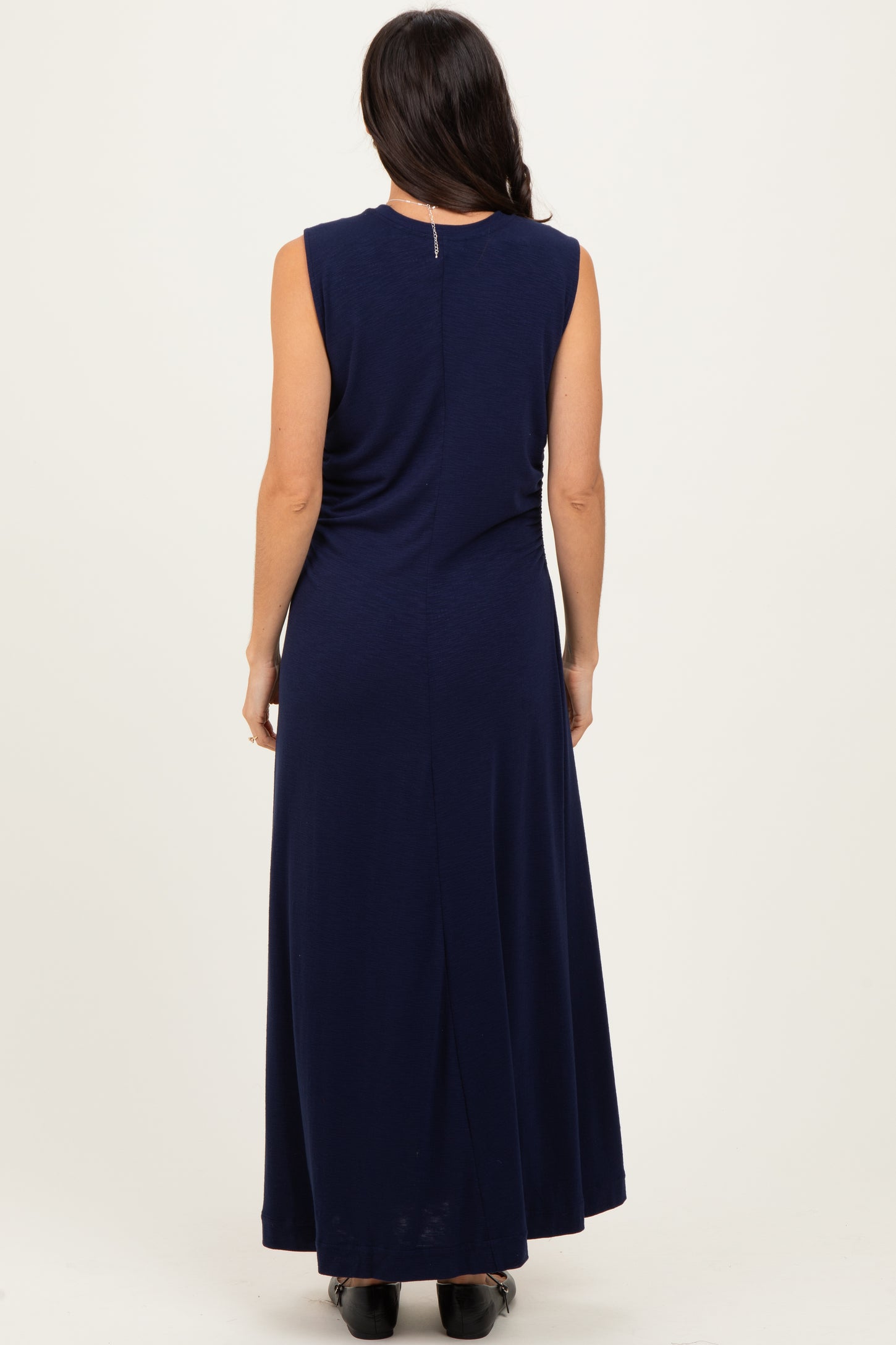 Navy Side Slit Ruched Sleeveless Midi Dress