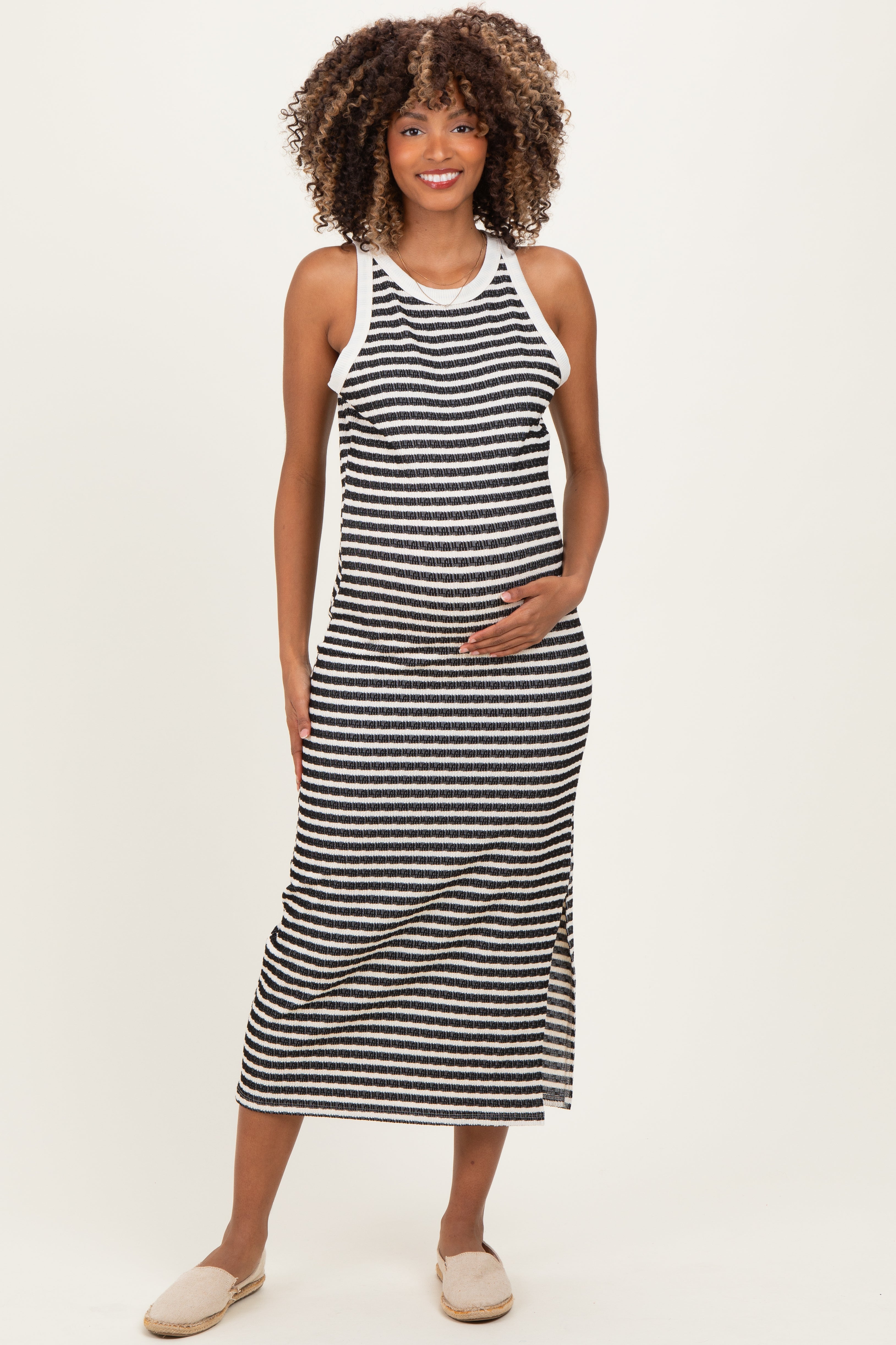 Sleeveless Pencil Dress Striped & Chic Nude Sleeveless Knitted Leg Split  Midi Dress Women's Bodycon Midi Dress