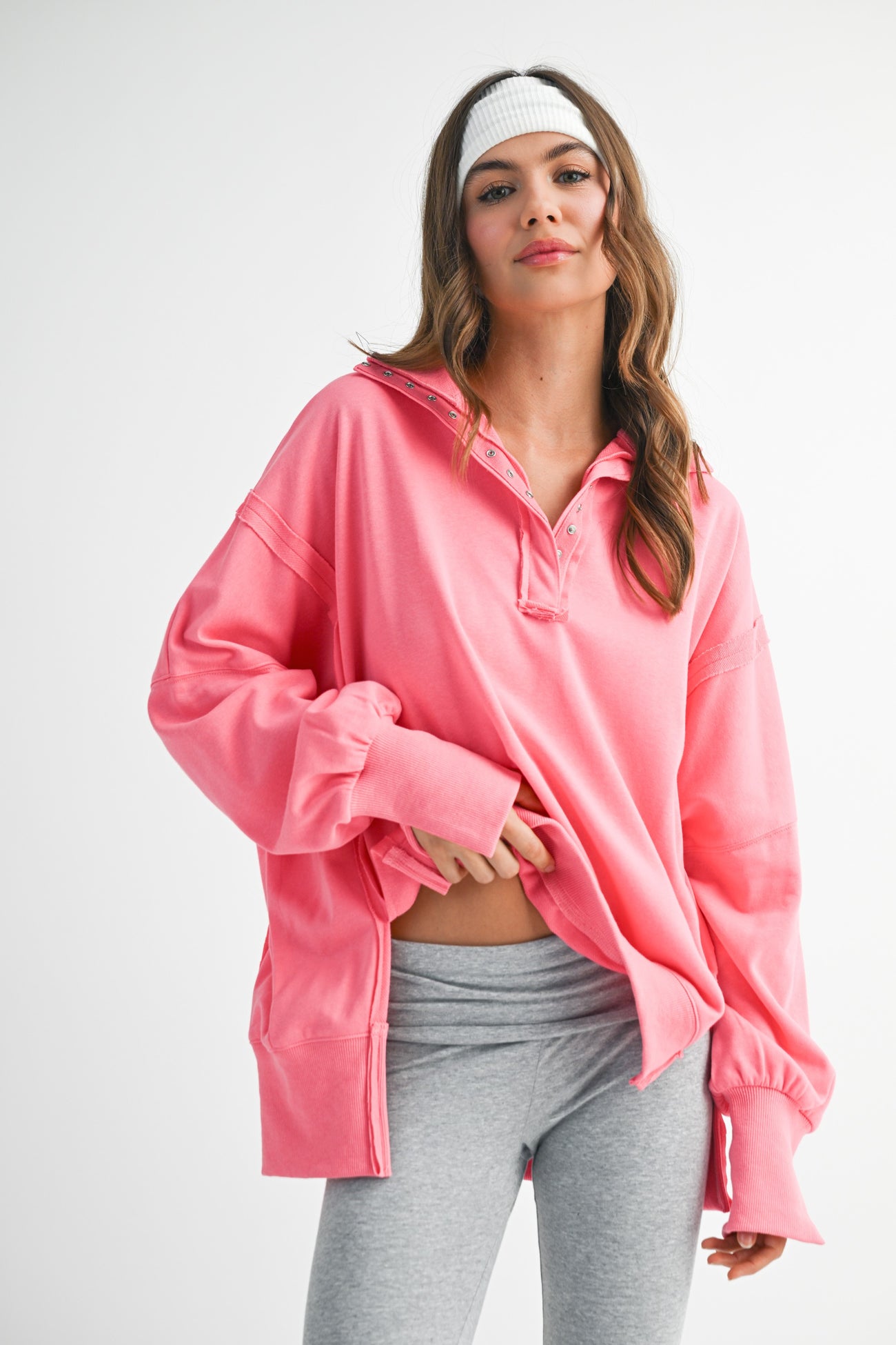 Bright Pink Snap Button Pullover Henley Maternity Sweatshirt